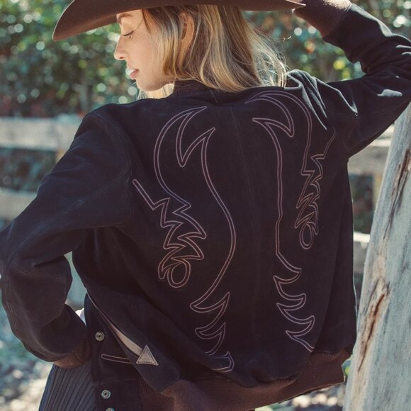 Western & Co. Embroidered Suede Leather Bomber Jacket Black sz Large - Picture 1 of 10